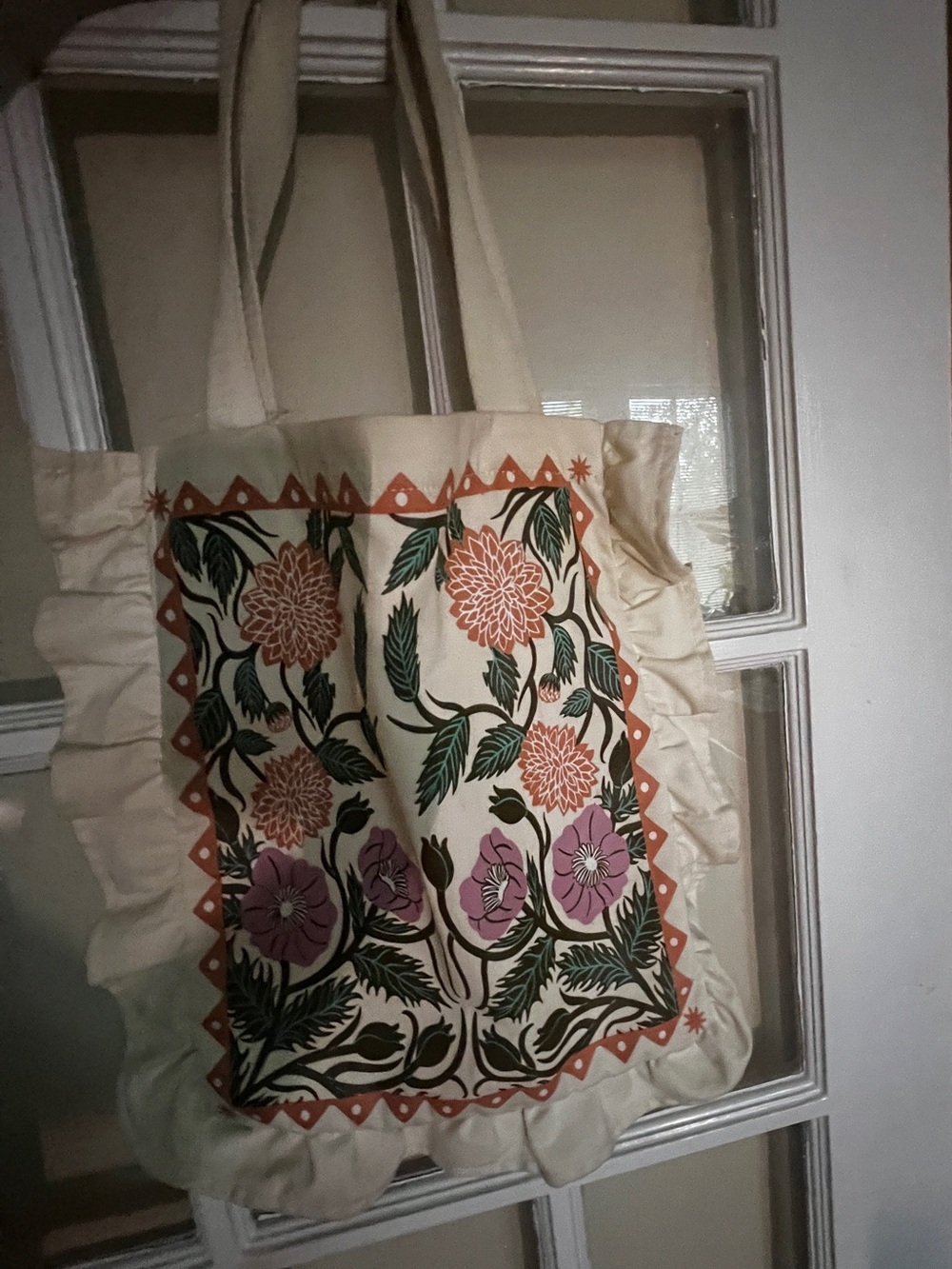 Latin Target Floral Canvas Ruffle Tote Bag in Cream with Pink & Green Print